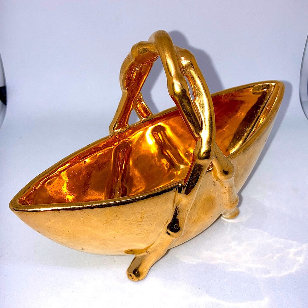 Vintage Gold ceramic sugar trinket bowl dish footed 5 3/4” x2” x 4 1/2” shabby